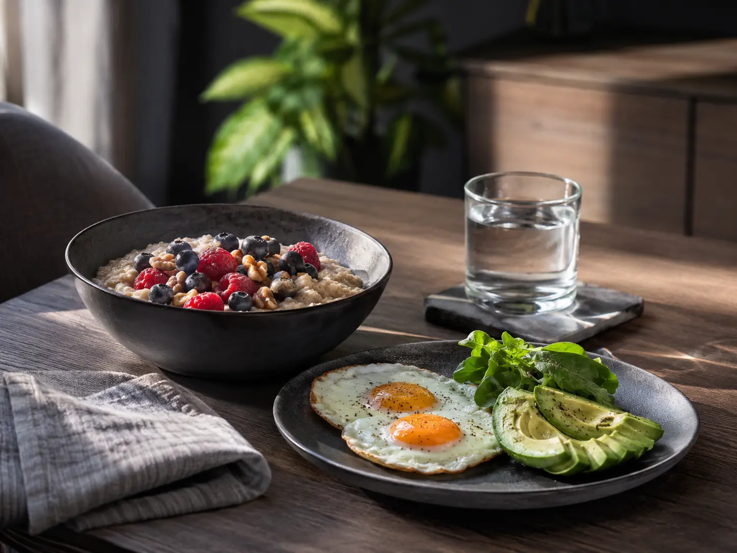 Desayuno con avena, frutos rojos, huevos, aguacate y agua para hombres activos