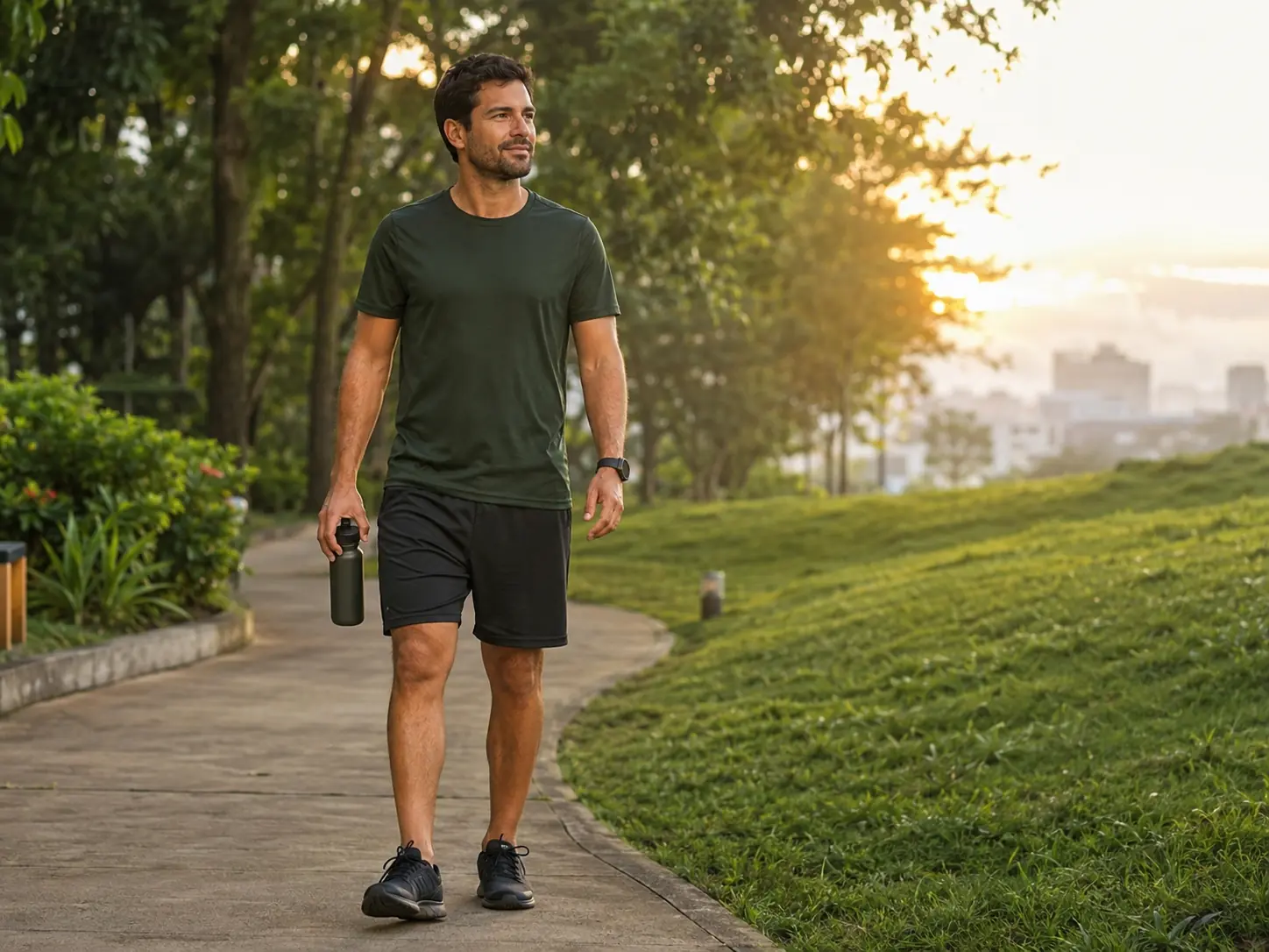 Hombre activo caminando al aire libre con una botella reutilizable