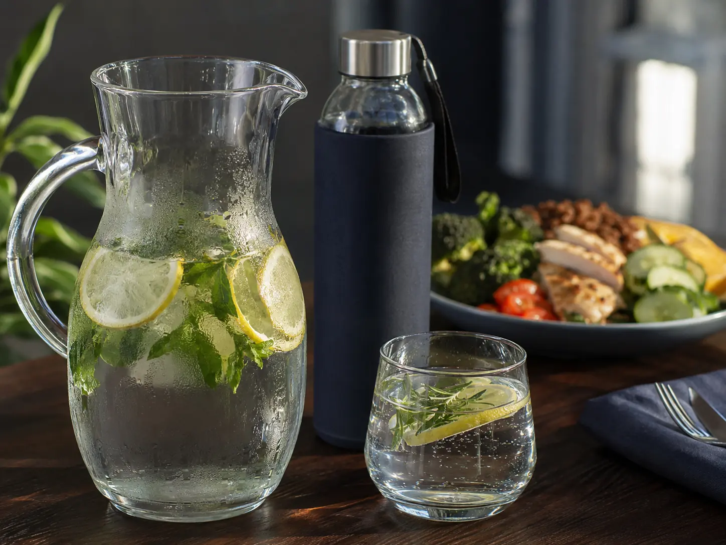 Jarra, vaso y botella de agua para una rutina de hidratación masculina