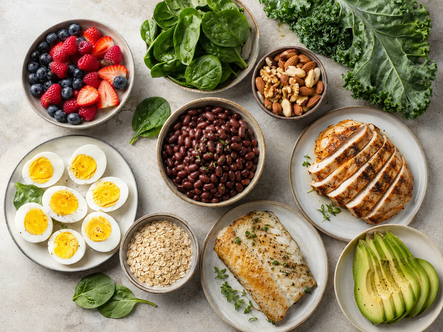 Selección de huevos, pollo, pescado, frijoles, avena, aguacate, hojas verdes, nueces y frutos rojos