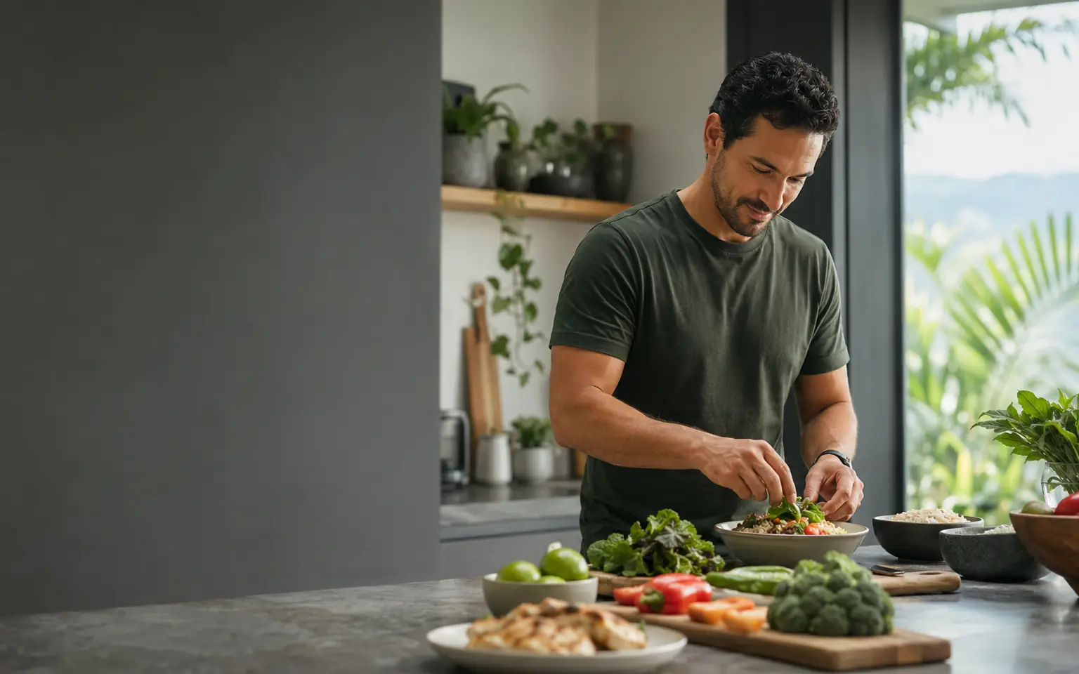 Hombre preparando una comida equilibrada con ingredientes cotidianos